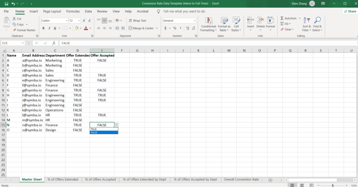 Spreadsheets for metrics workbook